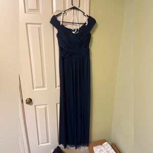 David’s Bridal off shoulder navy bridesmaid dress